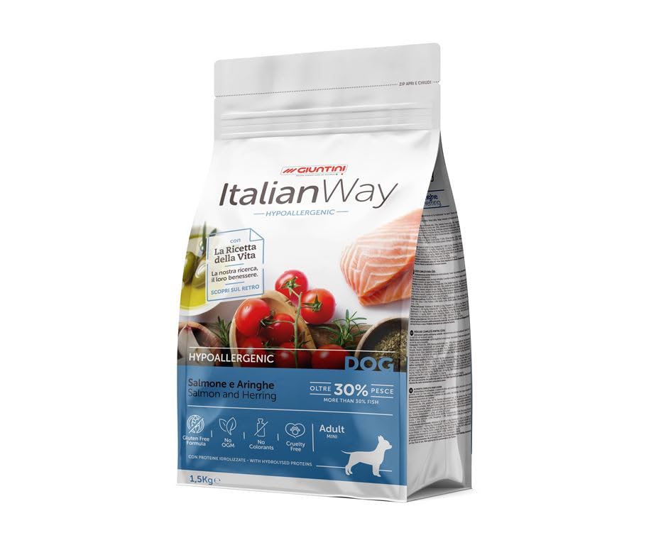 Italian Way Mini Hypoallergenic Salmone e Aringhe 1,5 kg – Crocchette ipoallergeniche per cani piccoli, ricche di Omega-3 per pelle sana e pelo lucido. Senza glutine, con chiusura salva freschezza.