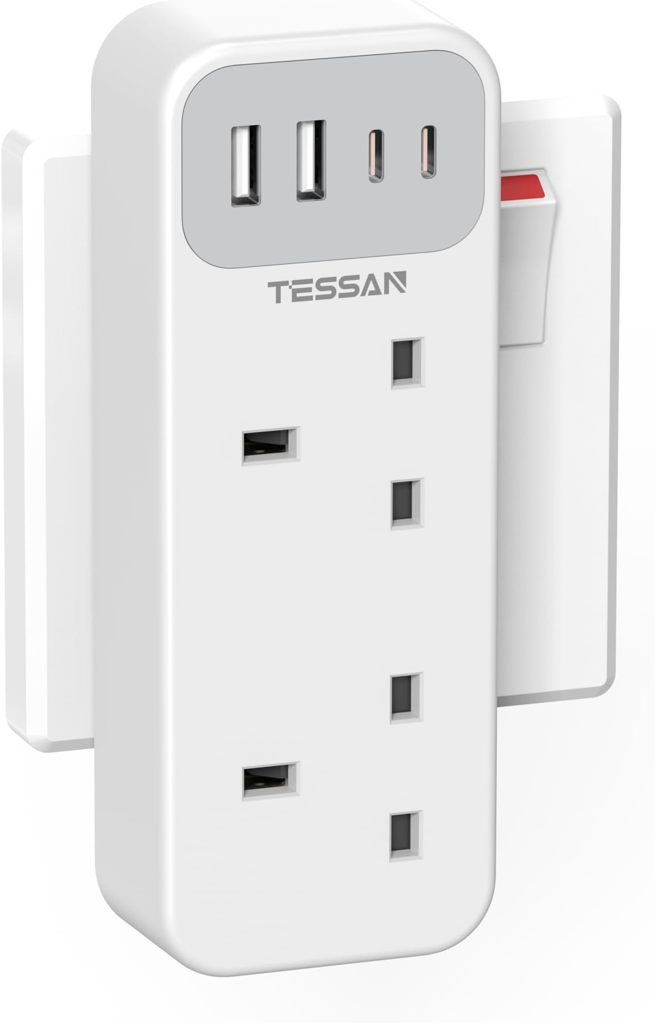 TESSAN Double Plug Adaptor with 4 USB(2 USB C), 2 Way Multi Plug Extension Adapter, UK 13A Fuse Multiplug Sockets Power Extender for Home, Kitchen, Office, School Supplies