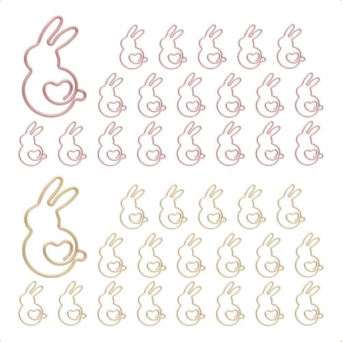 OWLFAVO 40pcs Bunny Shape Paper Clips with Clear Box, Rose Gold and Yellow Gold, Funny Cute Paperclips Bookmarks Planner Clips for Fun Office Supplies School Gifts Wedding Decoration
