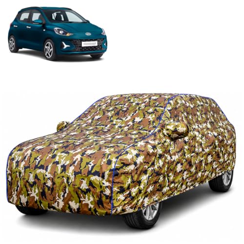 Image of Waterproof Car Body Cover for Hyundai Grand i10 Nios with Mirror Pocket| Cotton Inner Lining | Triple Stitched | All Weather Protection | Dust, UV & Rain Proof (Camouflage with Blue Piping)