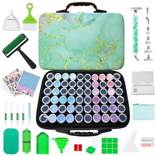 Image of Muzagroo Art Diamond Painting Storage Containers, Diamond Art Storage Case with Accessories and Tools, Portable Shockproof 60 Slots Organizer Case for Diamond Painting Kits M (Green-Deluxe)