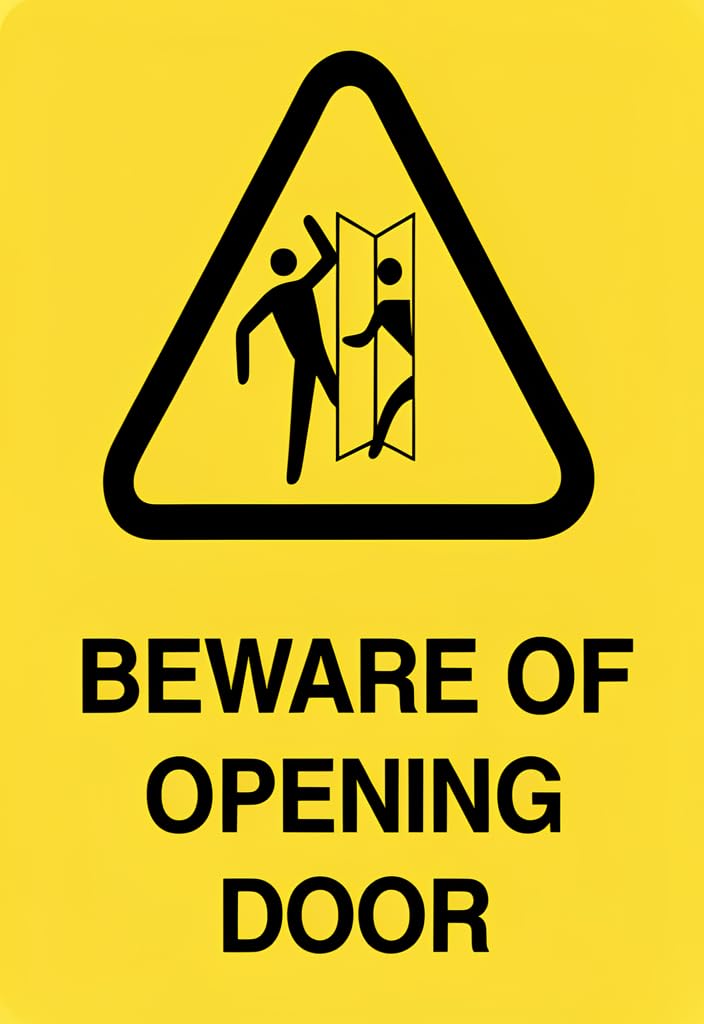 peiyeety Beware of Opening Door Tin Sign 12x8 Inch – Yellow Warning Metal Wall Decor Plaque with Bold Black Text & Triangle Icon, Funny Caution Sign for Home, Office, Garage, Man Cave Gift