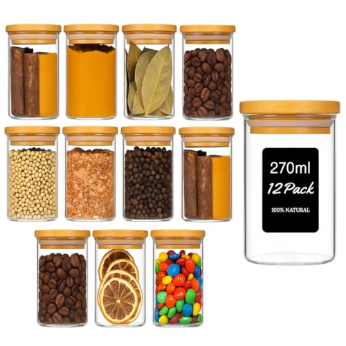 Image of SILIVO Spice Jars with Airtight Bamboo Lid [Round, Pack Of 12, 270ml] - Glass Spice Bottles, Seasoning Jars and Containers for Salt, Sugar, Coffee Beans - Set of 12 Jars with Wooden Lids
