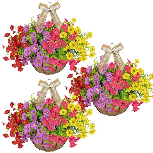 NSOPB 3 Pack Artificial Hanging Flower Baskets with Linen Bows, ...