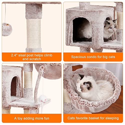 Image of Heybly Cat Tree with Toy, 43.3 inch Cat Tower for Indoor Cats HCT004SMU | Cat Condo with Durable Sisal Scratching Posts, Cat House with Padded Plush Perch, Cozy Hammock, Rosy Brown