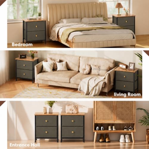 Simple Deluxe Nightstand 2 Drawers Dresser for Bedroom, 3-Tier Bedside Table with Fabric Bins, End Table for Living Room, Adjustable Feet, Wood Top Load-Bearing up to 44 lb, Dark Green by Simple Deluxe - Used condition - Image 4