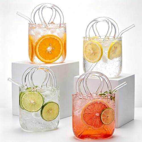 USEEKRIL Glass Purse for Drinks Set of 4 24oz Unique Funky Thick Wine Glasses Gifts for Women Party Fish Bowl Vase Creative Unique Drinking Glass for Fruit Juice Tea Flowers (Bubbled)