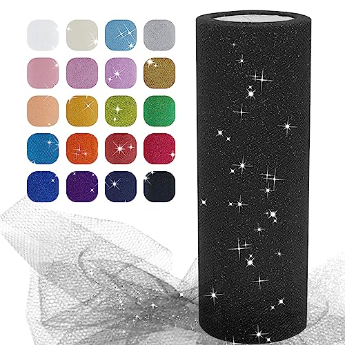 Uiopa Tulle Noir, 15cm x 22,8m Rouleau de Tulle Pailleté en Polyester Maille Tissu pour Tutu Jupe, Deco Mariage/Fête, Deco Chaise Mariage, Noeud Cadeau,...