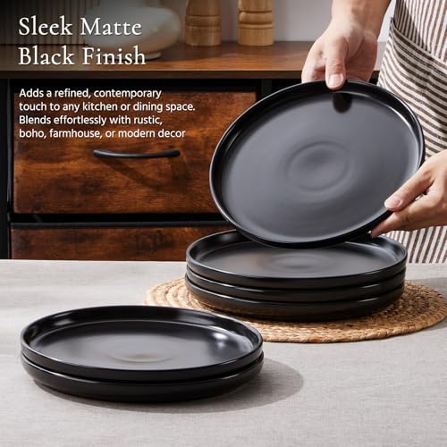 Image of E-far 10.2 inch Stoneware Dinner Plates Set of 6, Large Modern Ceramic Dishes, Round Salad Plate for Home Kitchen Restaurant, Microwave & Dishwasher Safe - Matte Black