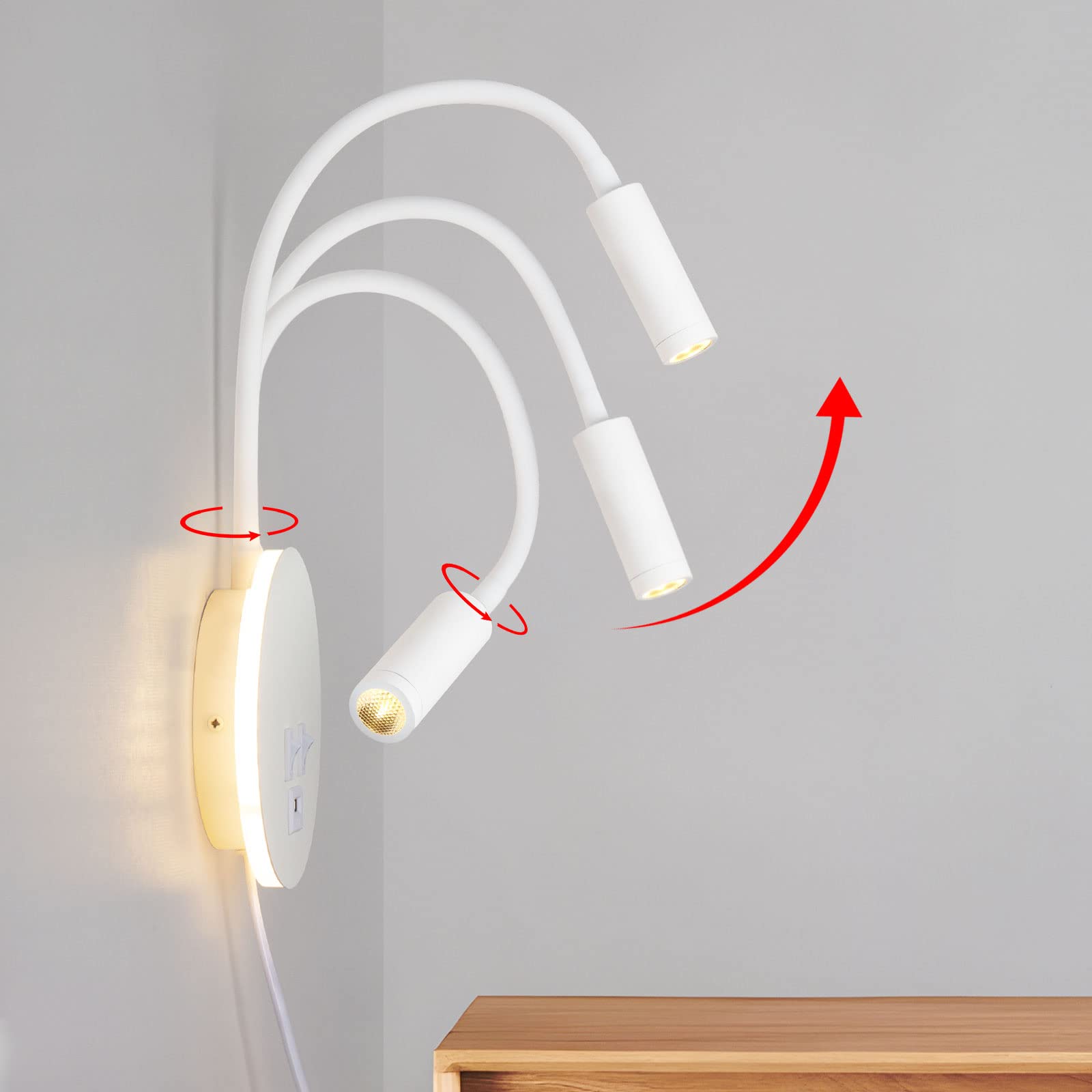 ERWEY Lampada da lettura letto, lampada da lettura a parete 3000K (3W+8W) Lampada da letto con interruttore e ricarica USB, collo d'oca girevole a 360° con spina e cavo per camera da letto, Bianco