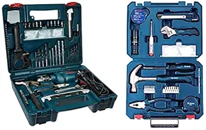 Bosch GSB 600 RE 13mm 600 Watt Corded Smart Drill Kit,Silver & Hand Tool Kit (Blue, 66 pieces)