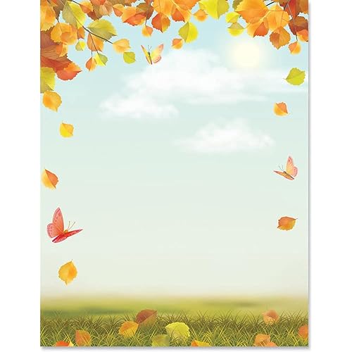 PaperDirect Blue Autumn Border Papers, Serene Fall Scene with Blue Sky, Green Grass, Golden Leaves, 8.5 x 11, Acid-Free, Ideal for Seasonal Events, Business, Invitations, Cards, 25 Sheets