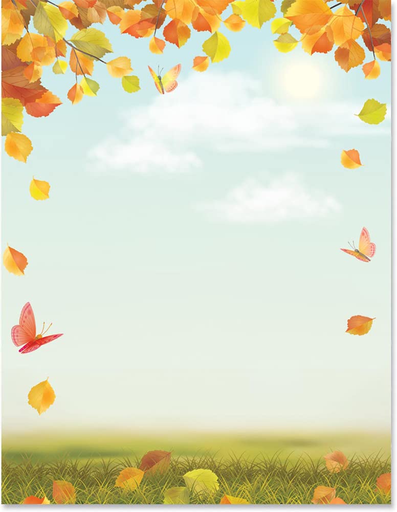 PaperDirect Blue Autumn Border Papers, Serene Fall Scene with Blue Sky, Green Grass, Golden Leaves, 8.5 x 11, Acid-Free, Ideal for Seasonal Events,