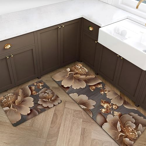 Image of Yellow Weaves- Non-Slip Kitchen Floor Mats, Water Absorbent, Rugs,Standing Rubber Mats for Kitchen, Office, Sink and Laundry Room Floral (Pack of 2)