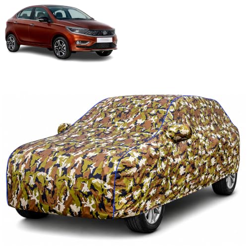 Image of Waterproof Car Body Cover for TATA Tigor with Mirror Pocket| Cotton Inner Lining | Triple Stitched | All Weather Protection | Dust, UV & Rain Proof (Camouflage with Blue Piping)