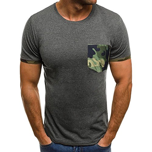 ?Venmo Slim fit Camisetas Hombre,Camisas Hombre,Tops Hombre,Blusa Hombre,Verano Casual Camiseta de Manga Corta con Bolsillo de Camuflaje Hombre (Gris, M)
