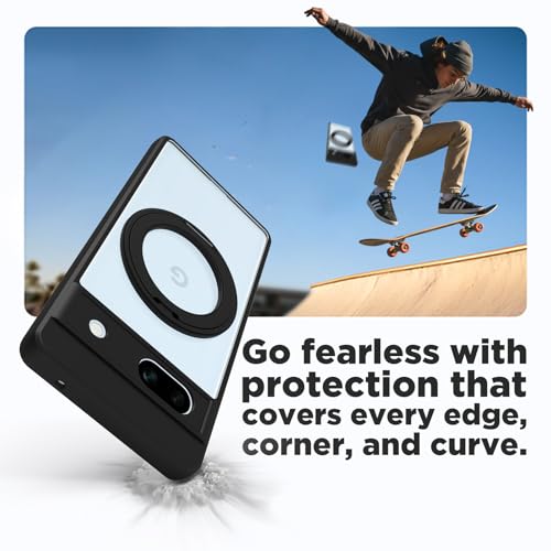 Image of RIGGEAR Shockproof Sleek Hybrid Armor 360 Rotating Magnetic Ring Stand Back Cover Case Compatible with MagSafe Accessories for Google Pixel 7A (Clear PC + Black TPU Bumper)