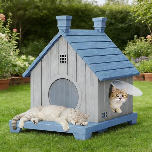 GULAIMOAO Outdoor Cat House Weatherproof Durable Resin Cat Houses for Outdoor Indoor Cats Litter Box Enclosure with Elevated Base Anti-Slip Pad Ventilation Blue