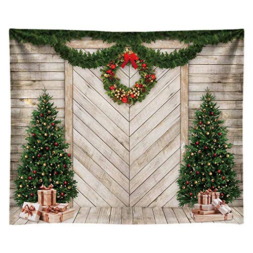 Funnytree 10x8FT Christmas Wood Door Photography Backdrop for Xmas Decoration Pine Tree Gifts Rustic House Background Photo Booth Shoot Durable Fabric Washable