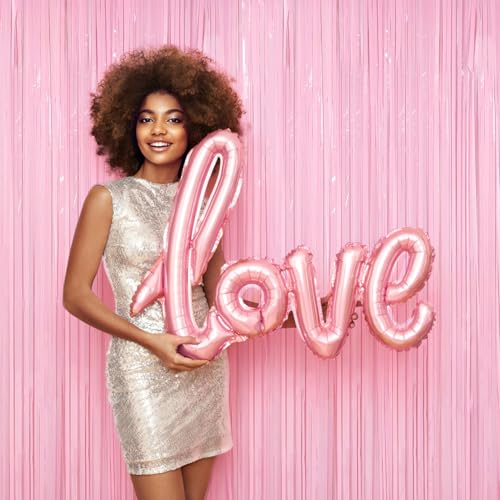 Image of 4 Packs Pastel Pink Foil Fringe Curtain, Baby Pink Metallic Tinsel Backdrop for Birthday, Wedding, Baby Shower, Princess Bachelorette Cowgirl Bow Party Decorations Supplies