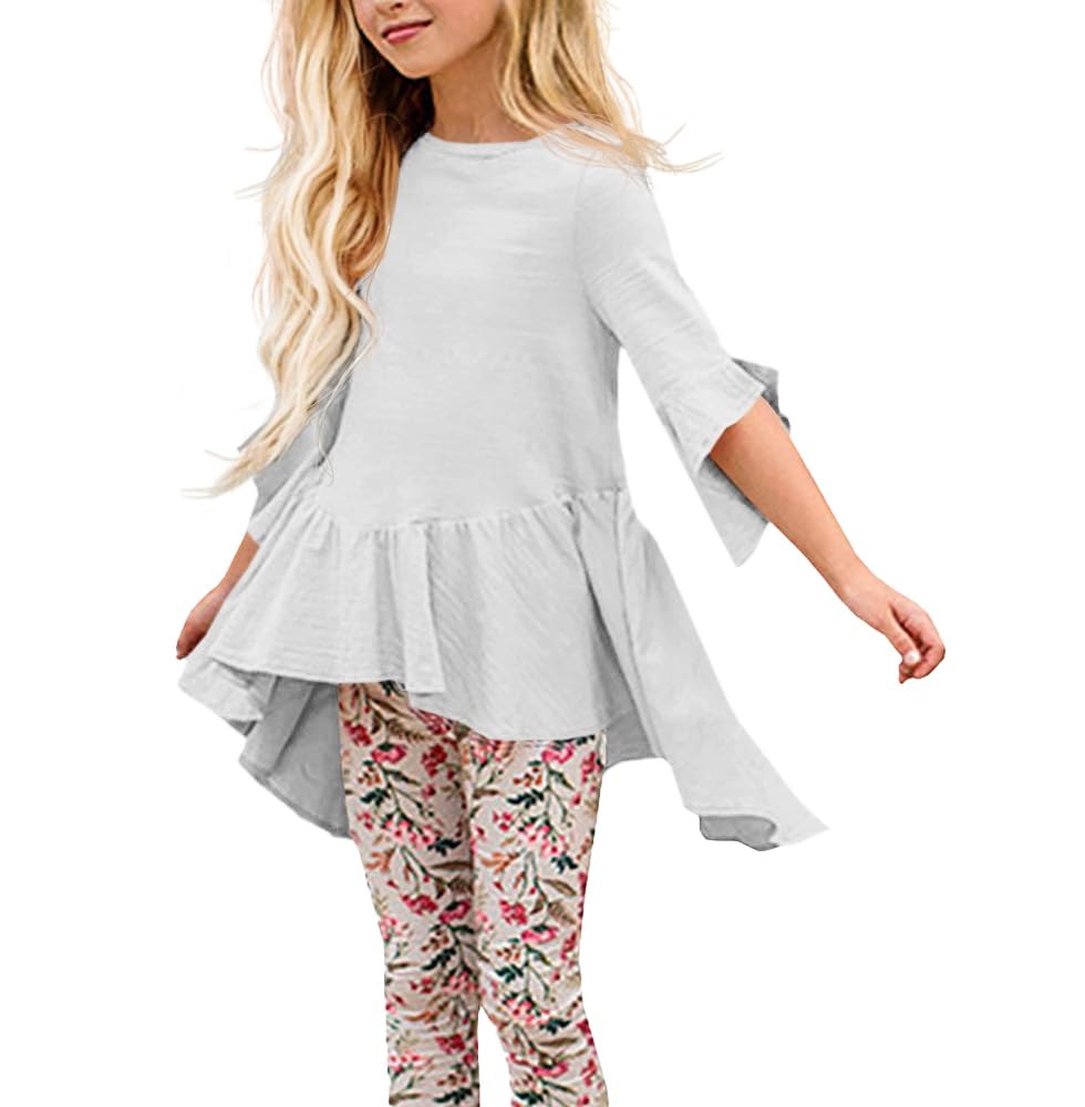Haloumoning Niñas Camisetas Túnica Volantes Vestido Tops Mangas 3/4 Verano Otoño Lindo Alto Bajo Blusas Té