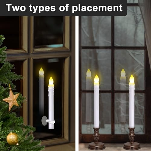Image of 12 Pack Flameless LED Window Candles with Drip Texture, Removable Candle Holders, 24 AAA Batteries, Daily Timer, ON /Off Remote, 12 Window Suction Cups, Christmas Home Wedding Decor (Brown)