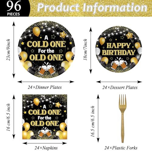 Image of 96 Pcs A Cold One for The Old One Party Decorations Black Gold Tableware Set for Men Party Favor Cheers Birthday Party Plates and Napkins for 30th 40th 50th Dinnerware Supplies for 24 Guests
