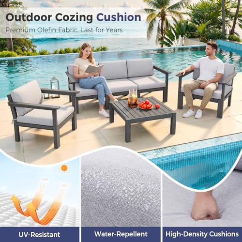 Image of Modular Outdoor Patio Conversation Set, 6-Piece HIPS Sectional Sofa with Coffee Table & Thick Cushions- Side Interlock & Detachable Armrest, All-Weather Patio Furniture Set for Backyard,Deck,Poolside
