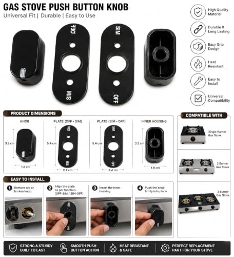 Image of Universal fit Knob for Gas Stove Replacement Parts | Long Lasting, Smooth Operation, Premium PVC On-Off Push Type 8 MM Spindle Black Knob for All Sleek Slim Modal Gas Stove Pack of 2 (P4, PACK OF 2)