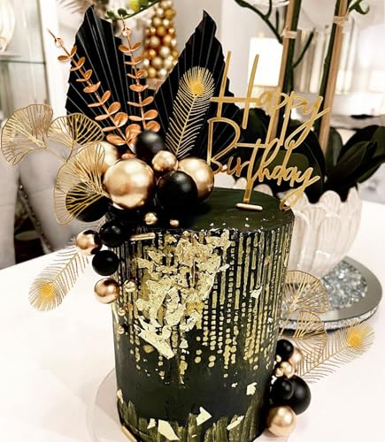 Decoración para tartas de bolas doradas y negras con hojas de repostería 7