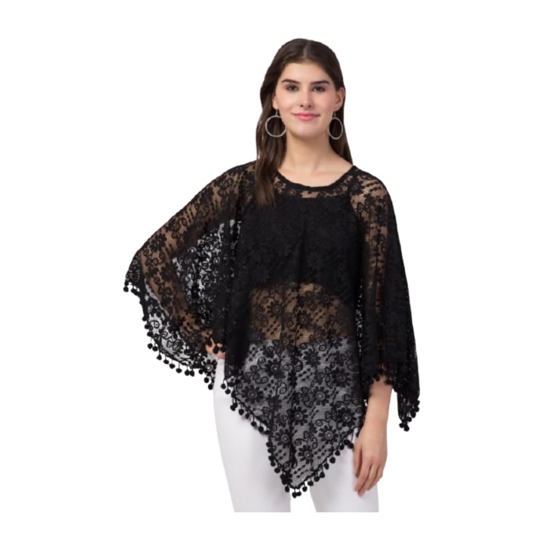 Women Ladies Girls Wear Self eye Design Poncho || Free Size, Peach Colour ||