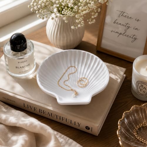 Image of Aesthetic Handmade Medium Shell Tray Handmade | Jewelry Organizer | Vanity Tray for Women | Minimalist Home Decor, Candle Holder & Multipurpose - (14 x 14 cm)