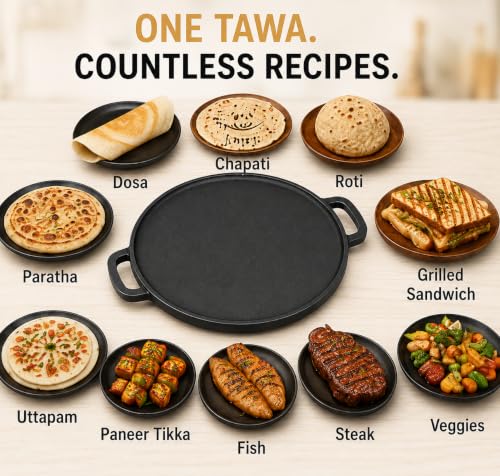 Image of GRIVAN Cast Iron 2-in-1 Dosa Tawa & Grill Pan 12 inch (30 cm) | Double-Sided Reversible Tawa for Dosa, Roti | Naturally Non-Stick Cast Iron Cookware | Gas Stove & Induction Compatible (Black)