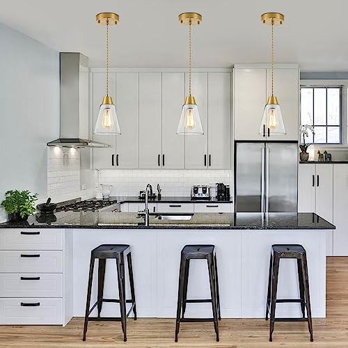 Image of MWZ Gold Pendant Light 3 Pack,Brass Pendant Lights Kitchen Island, Dining Room Lamp Fixtures Over Table with Clear Glass Shade, Modern Mini Chandeliers,Adjustable Cord Hanging Lighting for Sink