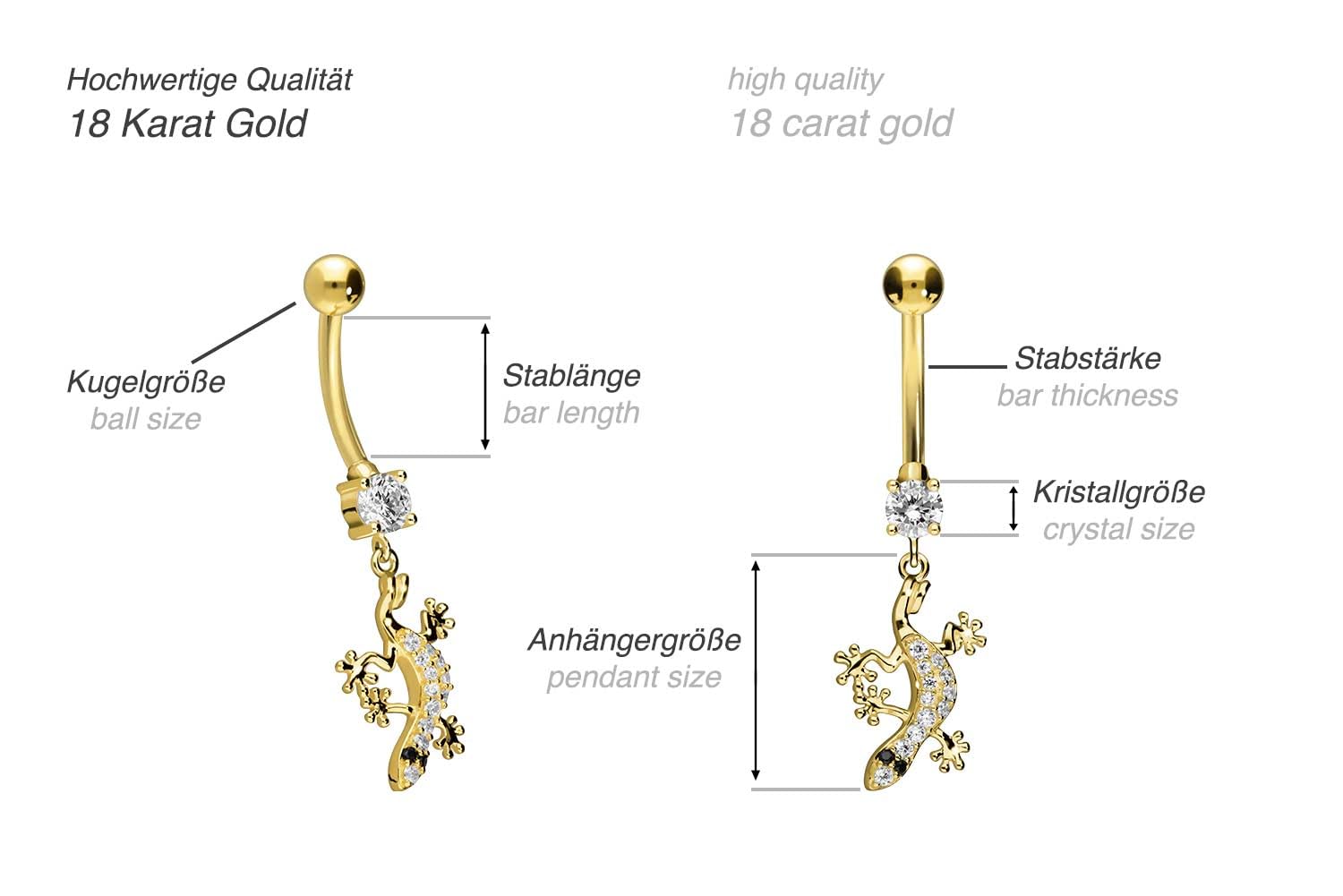 PIERCINGLINE 18 Karat Gold Bauchnabelpiercing GECKO Bananabell Piercing Gelbgold