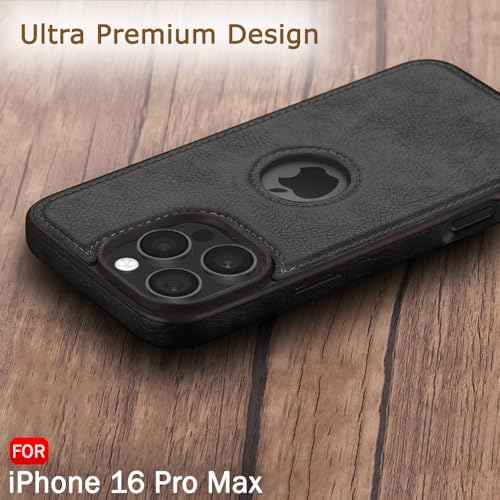Image of TheGiftKart Genuine Leather Finish Back Cover Case for iPhone 16 Pro Max | Shockproof Design | Raised Edges for Camera & Screen Protection | Stunning Minimalist Design Case Cover (Black Sides, Black)