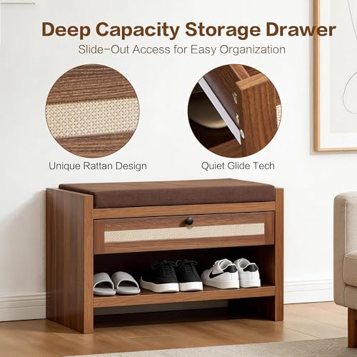 VipDesk-Rattan-Shoe-Bench-with-Storage-Drawer-and-Cushion-Seat-Walnut-Wood-Entryway-Bench-330-lbs-Capacity-Waterproof-for-Hallway-Bedroom-Living-Room
