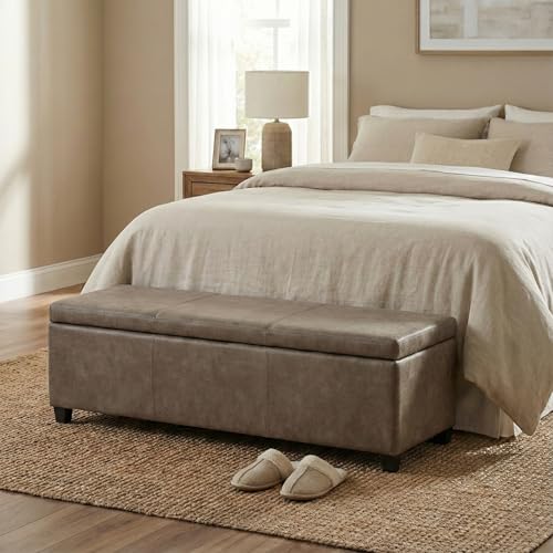 Image of SIMPLIHOME Avalon 48 inch Wide Vegan Leather Storage Ottoman in Grey Brown