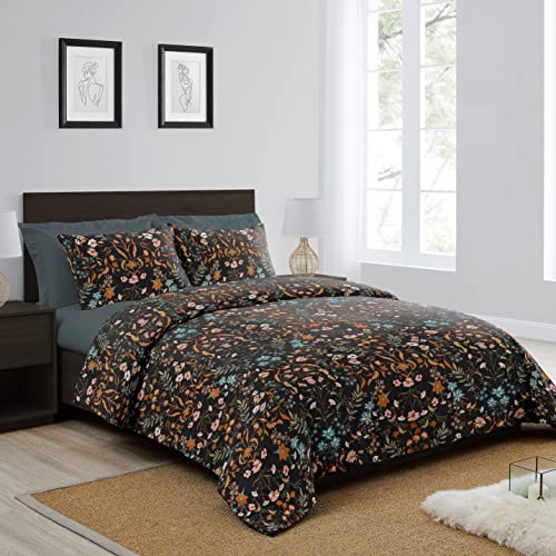 Image of Boho Bohemian Farmhouse Black and Orange Wildflower Garden Floral Duvet Comforter Cover and Sham 3 pc. Full Queen Size Bed Bedding Set Bedroom Aesthetic Botanical Cottagecore Flower Print Vintage