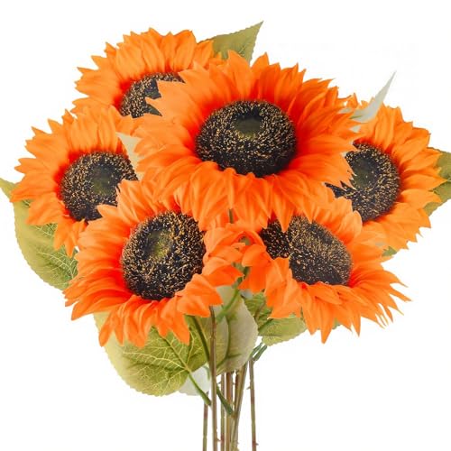 AUMAYCO Lot de 6 tournesols artificiels à longue tige en soie - Arrangements floraux réalistes pour vases, décoration intérieure et extérieure, mariage,...