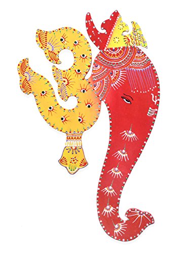 Ethnic Avenue Bright Yellow & Red Indian Art Wall Decor Hanging Painting of Lord Ganesha & Spiritual Om - Authentic Handmade Hindu Art of Prosperity