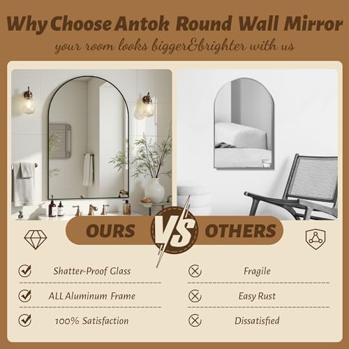 Image of Antok Arched Bathroom Mirror, 20 inchx30 inch Wall Mounted Mirror, Vanity Mirrors for Over Sink, Aluminum Alloy Frame Bathroom Mirrors Living Room, Bedroom and Entryway, Black