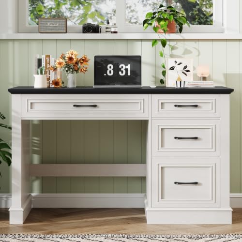 Image of Farmhouse 47 inch Executive Desk with File Drawer, Computer Desk with 4 Drawers, Workstation for Writing, Study, Home Office, Black.
