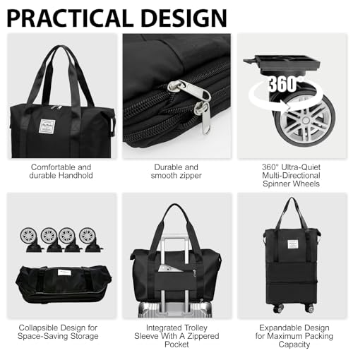 Rolling Duffle Bag with Wheels, Expandable Carry On Travel Bag for Airplanes 22L-44L, Detachable 360° Spinner Wheels, Foldable Weekender Bag for Men Women, Waterproof Nylon with Tr image 7