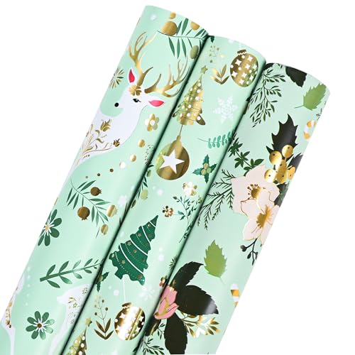 Altarho Green Christmas Wrapping Paper Roll Bundle - Reversible Gold Reindeer and Tree, Floral for Xmas, Holiday, Party Celebration (Green Gold Bundle -3 Rolls, 17 Inch X 120 Inch Per Roll)