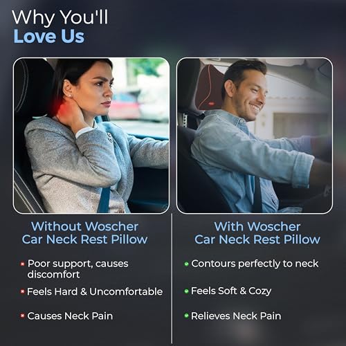 Image of WOSCHER Car Neck Pillow Memory Foam Headrest Cushion Helps Passengers Rest to Relieve Neck Pain and Improve Sitting Posture Universal Version for All Car Seats (Brown Tan)