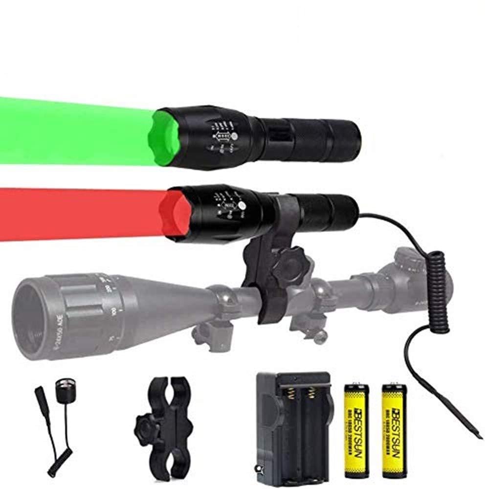 BESTSUN 350 Yard Red and Green LED Coyote Hog Hunting Flashlight Light with Pressure Switch & Scope Mount, Zoomable Green and Red Light Predator Varmints Hog Night Hunt Tactical LED Flashlights