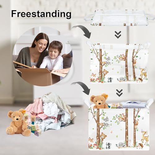Image of Clastyle Woodland Nursery Animal Tree Baby Gift Storage Basket for Kid Room | Waterproof Large Dirty Clothes Book Gift Toy Organizer Bin, Nursery Playroom Bedroom Bathroom Shelf, Birch Tree Fox Bear