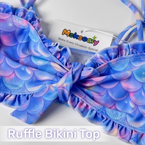Image of Girls Mermaid Swimsuit 3 Piece Bathing Suits, Adjustable Ruffled Bikini Top, with Cover up Skirt Fish Scale Design for 3-10Y