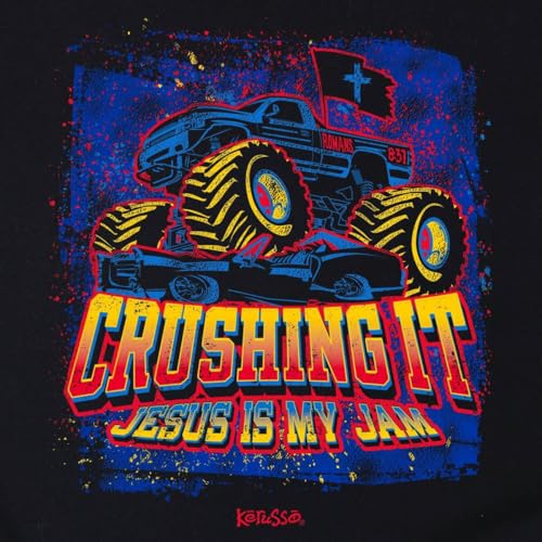 Monster Truck Crushing It Jesus is My Jam Romans 8:37 Black Cotton Children's T-Shirt2